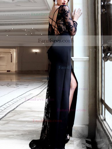 Trumpet/Mermaid Scoop Neck Lace Satin Tulle Sweep Train Appliques Lace Prom Dresses #Favs020107824