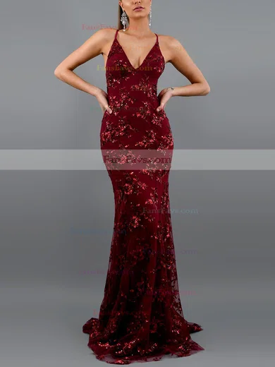 Trumpet/Mermaid V-neck Lace Tulle Sweep Train Sequins Prom Dresses #Favs020107826