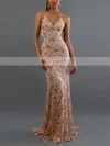 Trumpet/Mermaid V-neck Lace Tulle Sweep Train Sequins Prom Dresses #Favs020107826