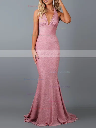 Trumpet/Mermaid Halter Glitter Sweep Train Bow Prom Dresses #Favs020107838