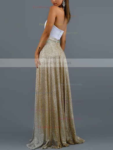 A-line Strapless Satin Glitter Sweep Train Prom Dresses #Favs020107845