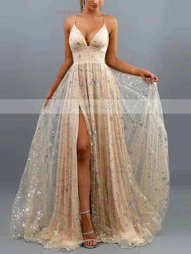 A-line V-neck Lace Tulle Sweep Train Split Front Prom Dresses #Favs020107847