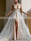 A-line V-neck Lace Tulle Sweep Train Split Front Prom Dresses #Favs020107847