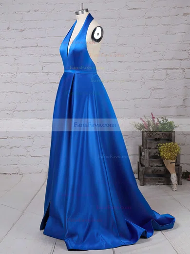 A-line Halter Satin Floor-length Split Front Prom Dresses #Favs020104823