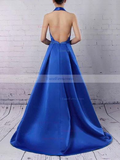 A-line Halter Satin Floor-length Split Front Prom Dresses #Favs020104823