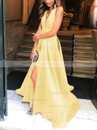 A-line Halter Satin Floor-length Split Front Prom Dresses #Favs020104823