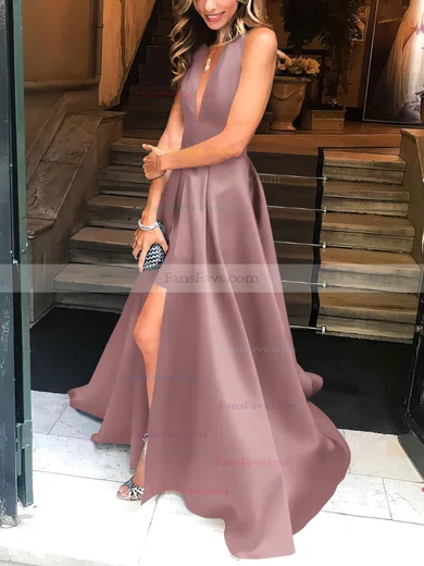 A-line Halter Satin Floor-length Split Front Prom Dresses #Favs020104823