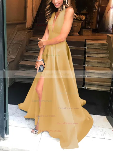 A-line Halter Satin Floor-length Split Front Prom Dresses #Favs020104823