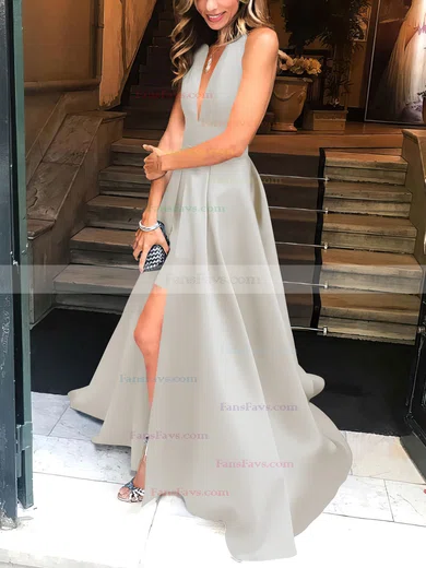 A-line Halter Satin Floor-length Split Front Prom Dresses #Favs020104823