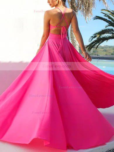 A-line V-neck Jersey Sweep Train Split Front Prom Dresses #Favs020107848