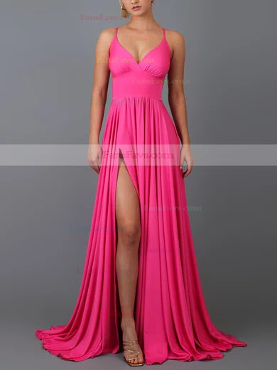 A-line V-neck Jersey Sweep Train Split Front Prom Dresses #Favs020107848