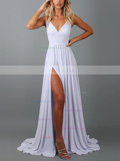 A-line V-neck Jersey Sweep Train Split Front Prom Dresses #Favs020107848