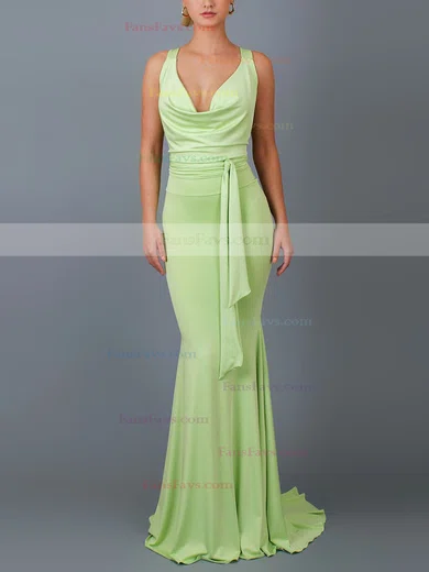 Trumpet/Mermaid Cowl Neck Jersey Sweep Train Bow Prom Dresses #Favs020107849