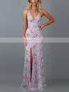 Trumpet/Mermaid V-neck Tulle Lace Sweep Train Sequins Prom Dresses #Favs020107851