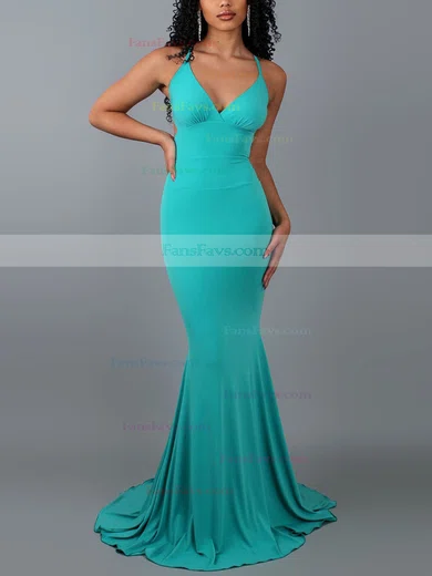 Trumpet/Mermaid V-neck Jersey Sweep Train Prom Dresses #Favs020107854