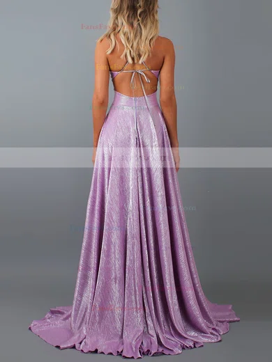 A-line V-neck Glitter Sweep Train Split Front Prom Dresses #Favs020107855