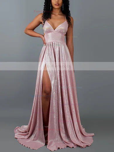 A-line V-neck Glitter Sweep Train Split Front Prom Dresses #Favs020107855