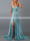 A-line V-neck Glitter Sweep Train Split Front Prom Dresses #Favs020107855