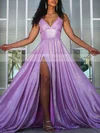 A-line V-neck Glitter Sweep Train Split Front Prom Dresses #Favs020107855