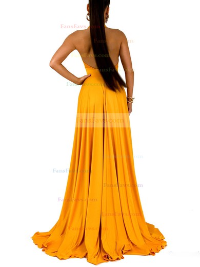 A-line Halter Jersey Sweep Train Split Front Prom Dresses #Favs020107856