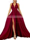 A-line Halter Jersey Sweep Train Split Front Prom Dresses #Favs020107856