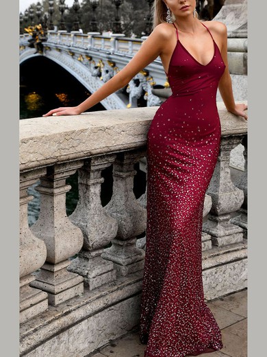 Trumpet/Mermaid V-neck Jersey Sweep Train Crystal Detailing Prom Dresses #Favs020107858