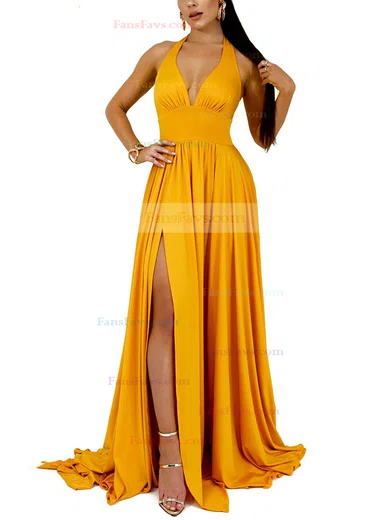 A-line Halter Jersey Sweep Train Split Front Prom Dresses #Favs020107865