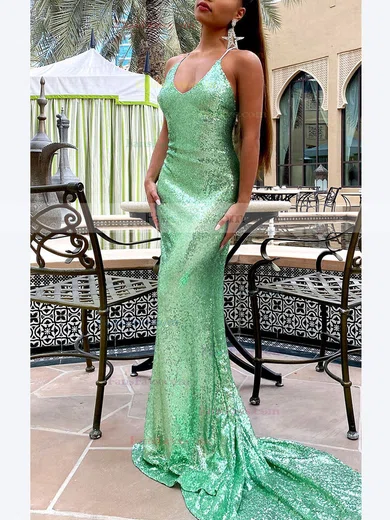 Trumpet/Mermaid V-neck Sequined Sweep Train Prom Dresses #Favs020107867
