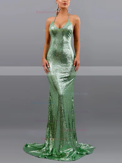 Trumpet/Mermaid V-neck Sequined Sweep Train Prom Dresses #Favs020107867