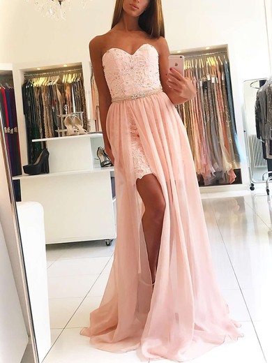 Sheath/Column Sweetheart Chiffon Sweep Train Lace Prom Dresses #Favs020104827
