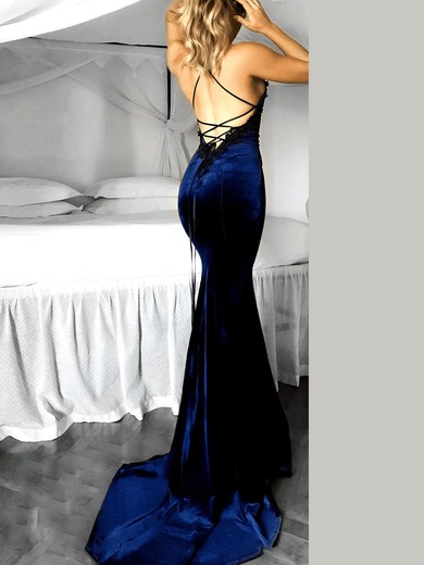 Trumpet/Mermaid Scoop Neck Velvet Sweep Train Appliques Lace Prom Dresses #Favs020107869