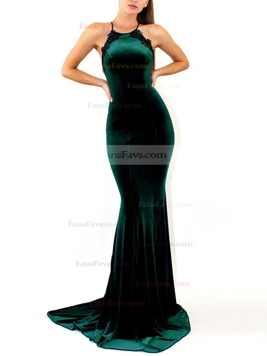 Trumpet/Mermaid Scoop Neck Velvet Sweep Train Appliques Lace Prom Dresses #Favs020107869