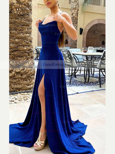 A-line Cowl Neck Glitter Sweep Train Split Front Prom Dresses #Favs020107871
