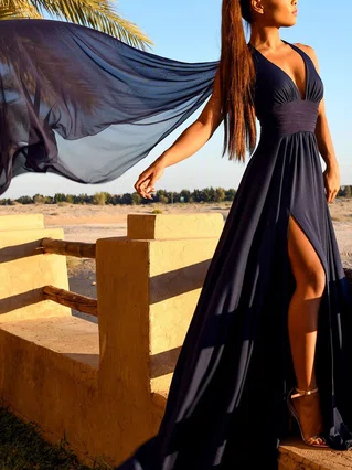 A-line Halter Chiffon Sweep Train Split Front Prom Dresses #Favs020107872 A-line Halter Chiffon Sweep Train Split Front Prom Dresses #Favs020107872