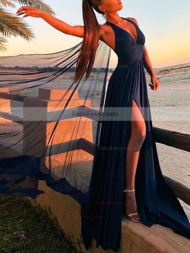 A-line Halter Chiffon Sweep Train Split Front Prom Dresses #Favs020107872