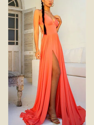 A-line V-neck Jersey Sweep Train Split Front Prom Dresses #Favs020107877 A-line V-neck Jersey Sweep Train Split Front Prom Dresses #Favs020107877