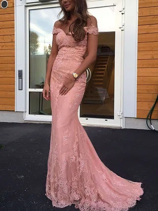 Trumpet/Mermaid Off-the-shoulder Tulle Sweep Train Appliques Lace Prom Dresses #Favs020104829