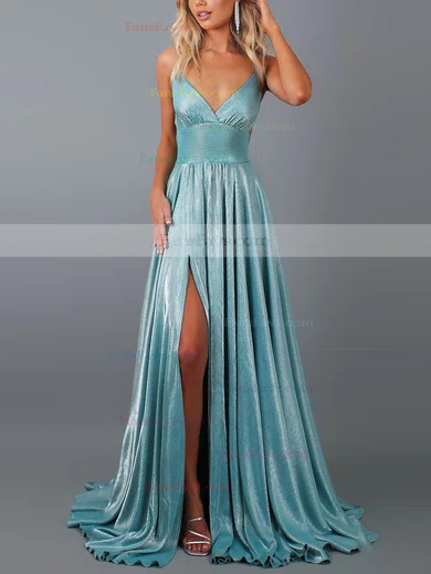 A-line V-neck Glitter Sweep Train Split Front Prom Dresses #Favs020107884
