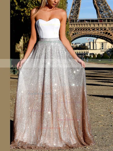 A-line Sweetheart Satin Glitter Sweep Train Prom Dresses #Favs020107885