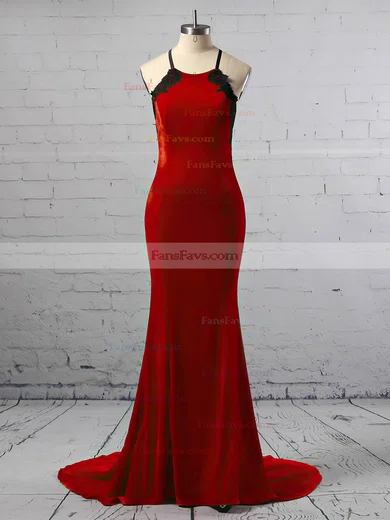 Trumpet/Mermaid Halter Velvet Sweep Train Appliques Lace Prom Dresses #Favs020104830