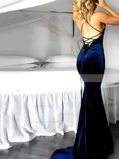 Trumpet/Mermaid Halter Velvet Sweep Train Appliques Lace Prom Dresses #Favs020104830
