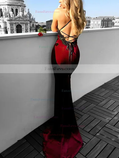 Trumpet/Mermaid Halter Velvet Sweep Train Appliques Lace Prom Dresses #Favs020104830