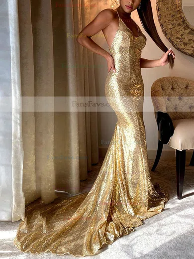 Trumpet/Mermaid V-neck Sequined Sweep Train Appliques Lace Prom Dresses #Favs020107888