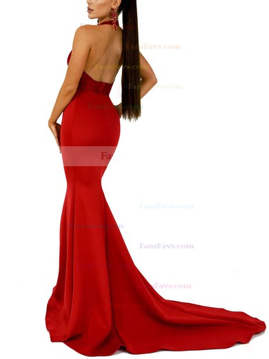 Trumpet/Mermaid Halter Satin Sweep Train Appliques Lace Prom Dresses #Favs020107889
