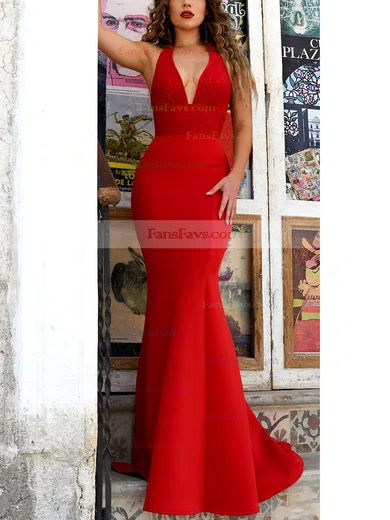 Trumpet/Mermaid Halter Satin Sweep Train Appliques Lace Prom Dresses #Favs020107889