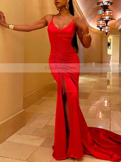 Trumpet/Mermaid V-neck Silk-like Satin Sweep Train Ruffles Prom Dresses #Favs020107891