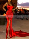 Trumpet/Mermaid V-neck Silk-like Satin Sweep Train Ruffles Prom Dresses #Favs020107891