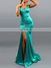 Trumpet/Mermaid V-neck Silk-like Satin Sweep Train Ruffles Prom Dresses #Favs020107891