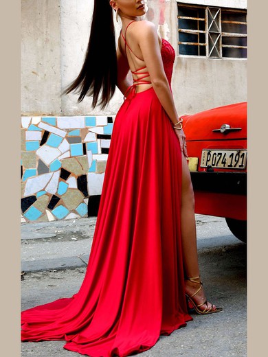 A-line Square Neckline Silk-like Satin Sweep Train Appliques Lace Prom Dresses #Favs020107892