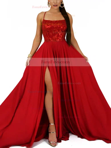 A-line Square Neckline Silk-like Satin Sweep Train Appliques Lace Prom Dresses #Favs020107892